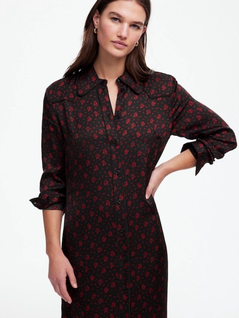 Silky viscose black and Red Floral Button-Front Women's Shirt Dress